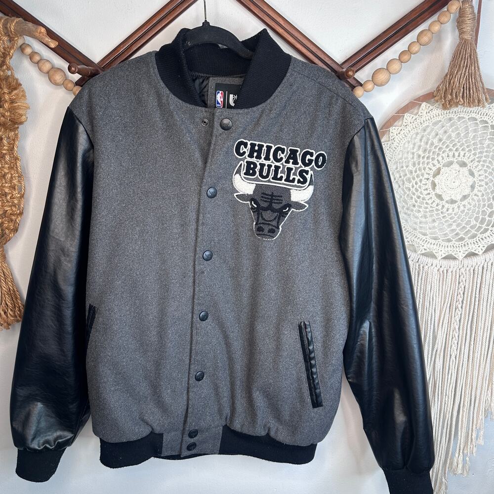 NBA Chicago Bulls Gray Wool Blend Faux Leather Jacket